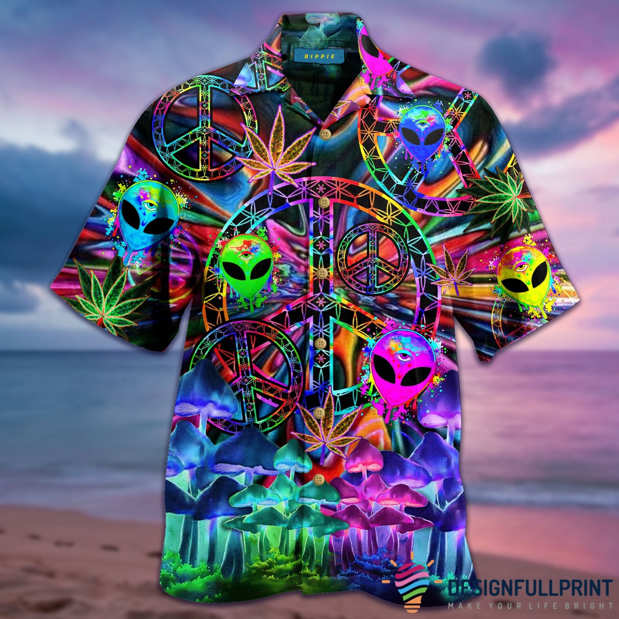 Alien Hawaiian Shirt Alien Hippie Style Peace Symbol Hawaii Aloha Shirt Colorful Full Print