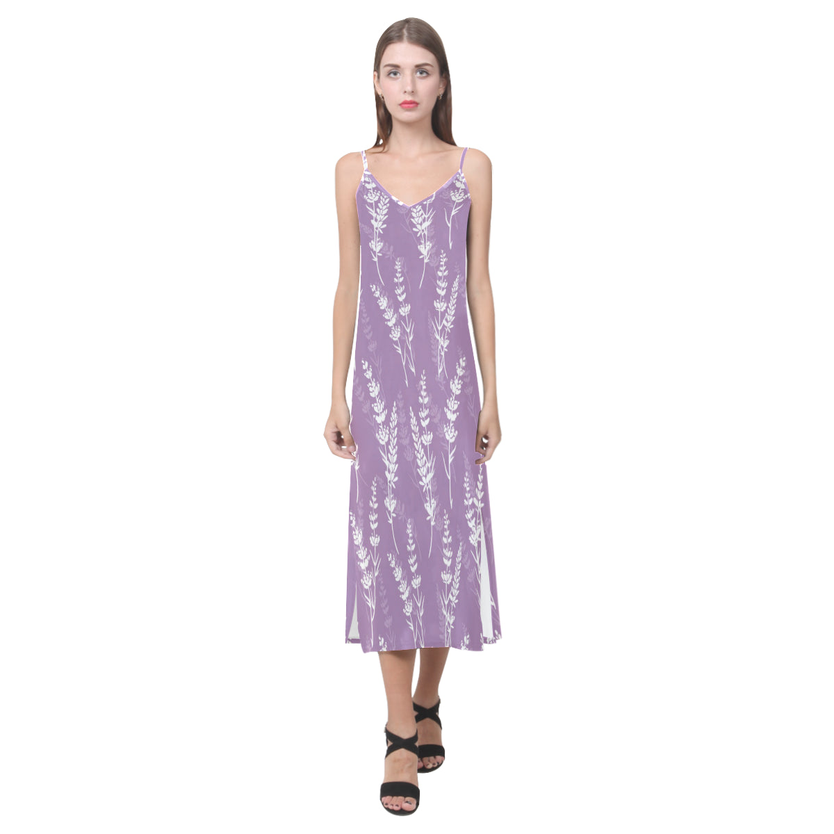 Lavender flowers purple pattern V-Neck Open Fork Long Dress