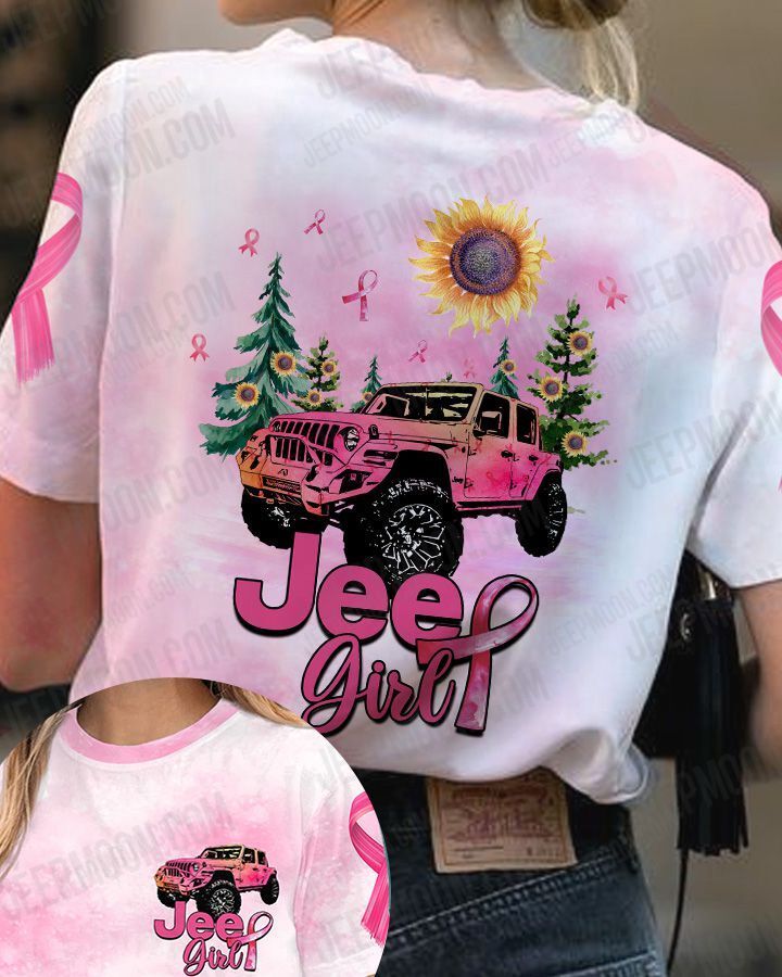 Women Shirt Pink Jeep Sunflower Pink Ribbon Shirt, Breast Cancer Awareness Shirt, Flower Pink Ribbon Shirt