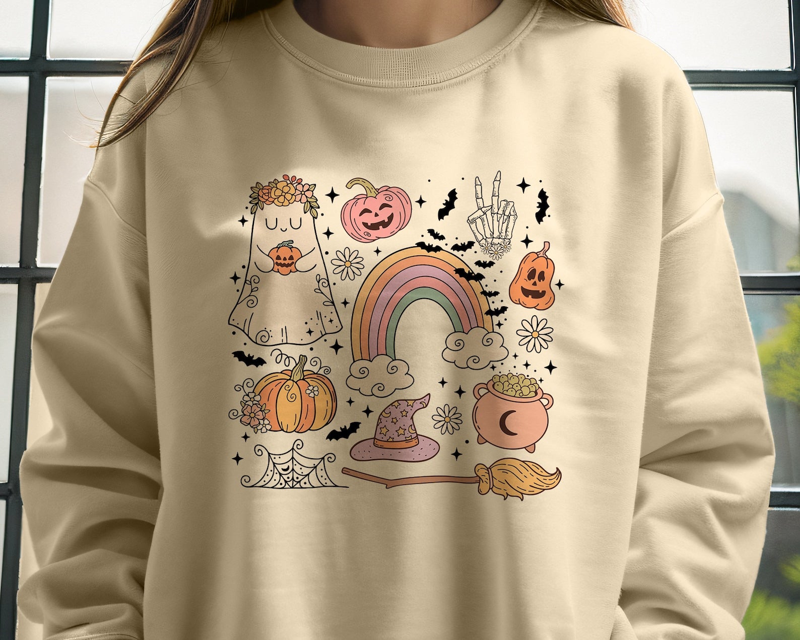 Retro Halloween Ghost Rainbow Pumpkin Sweatshirt 2D Crewneck Sweatshirt All Over Print Sweatshirt For Women Sweatshirt For Men