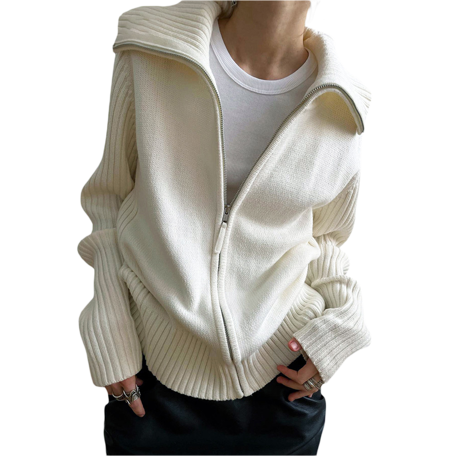 Women Knitting Coat Long Sleeve Lapel Zipper Solid Color Fall Spring Street Casual Loose Coat alx