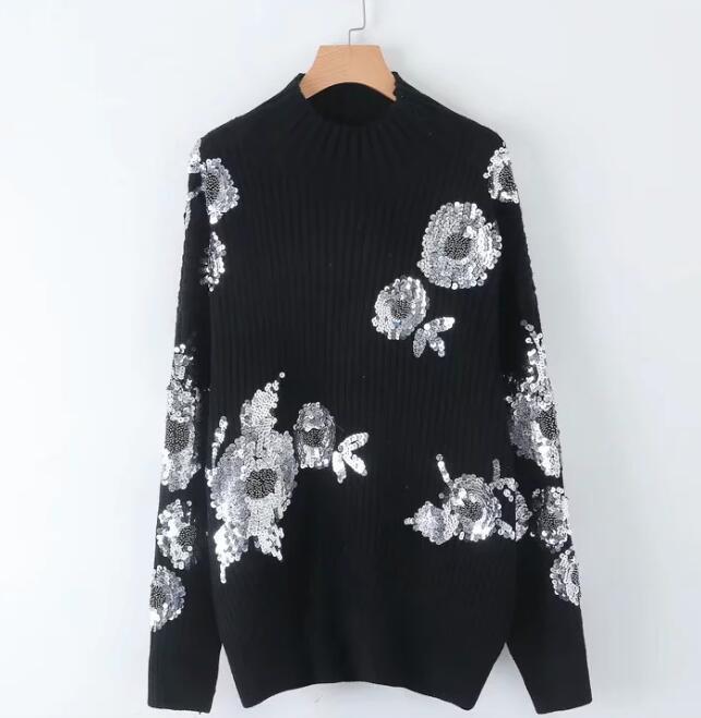 2020 Women Sequined Flower Knitted Sweater Loose Turtleneck Sequins Beading Pullovers Sweater Winter Thick Black Tops alx