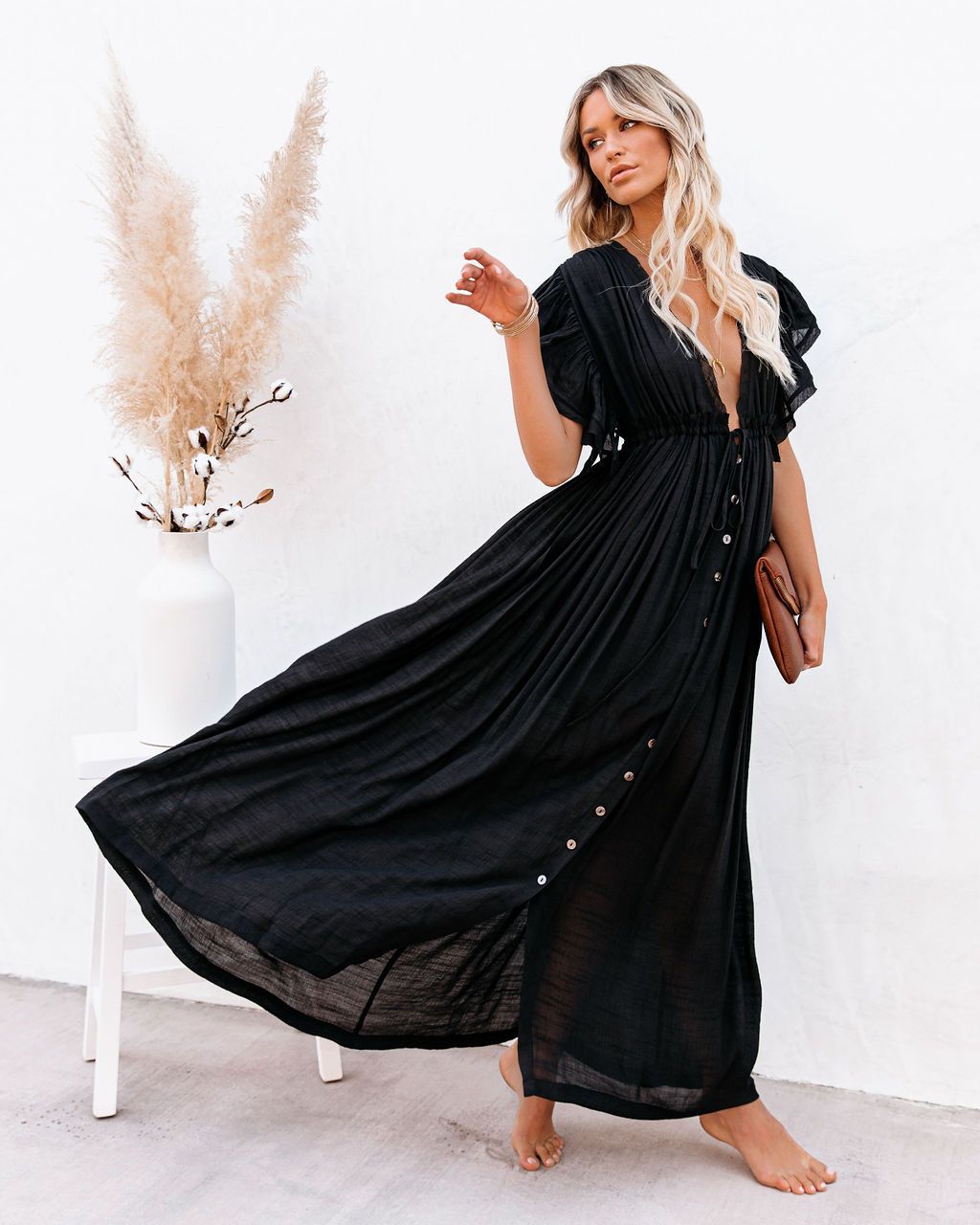 Summer Beach Maxi Dress Women Boho Long Bikini Cover Up Dresses High Waist Casual Sexy V-Neck White Dresses Vestidos Robe alx