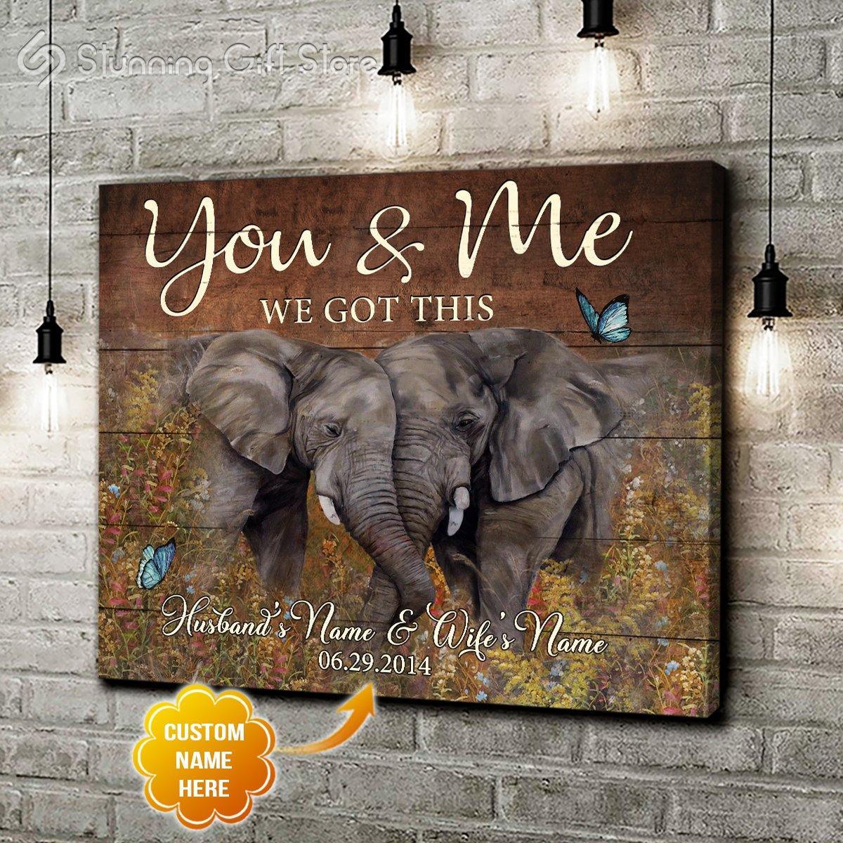 Stunning Gift Custom Canvas Animal Wall Print Art Decor – Custom Name & Date – Elephant You And Me