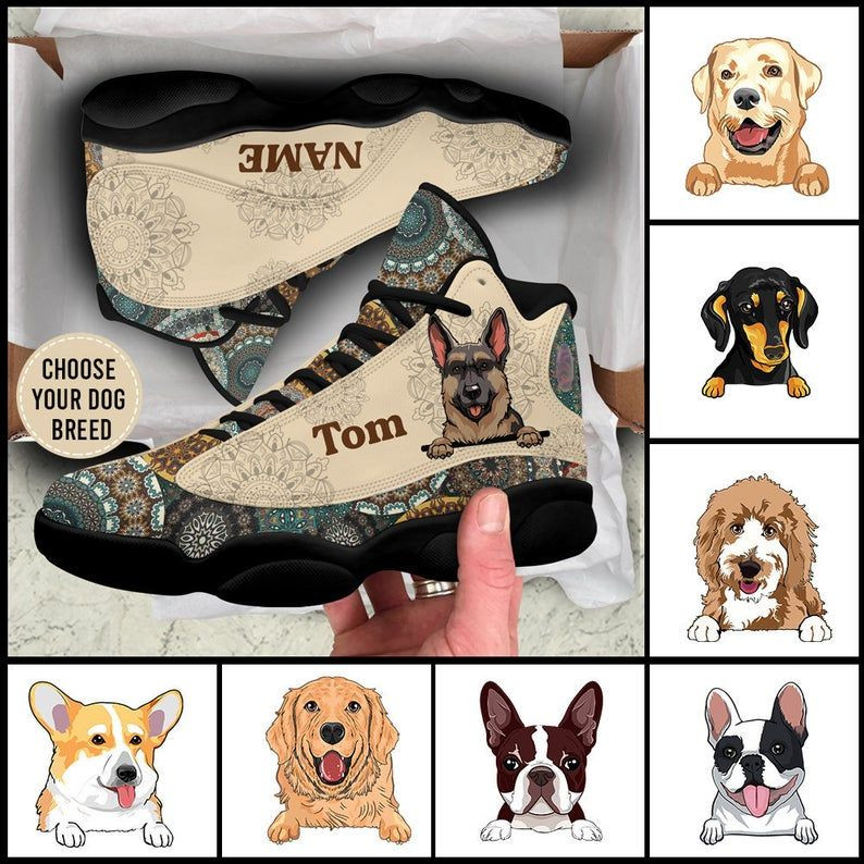 Dog Mandala Pattern Customized Black Aj 13 Shoes, Custom Dog Shoes, Personalized Pet Jd Shoes, Puppy Pet Lover Gift