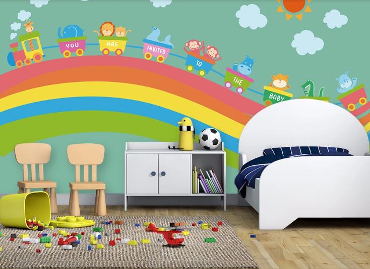 3D Cartoon Rainbow Child Train Animal Wall Mural Wallpaper Lqh 597