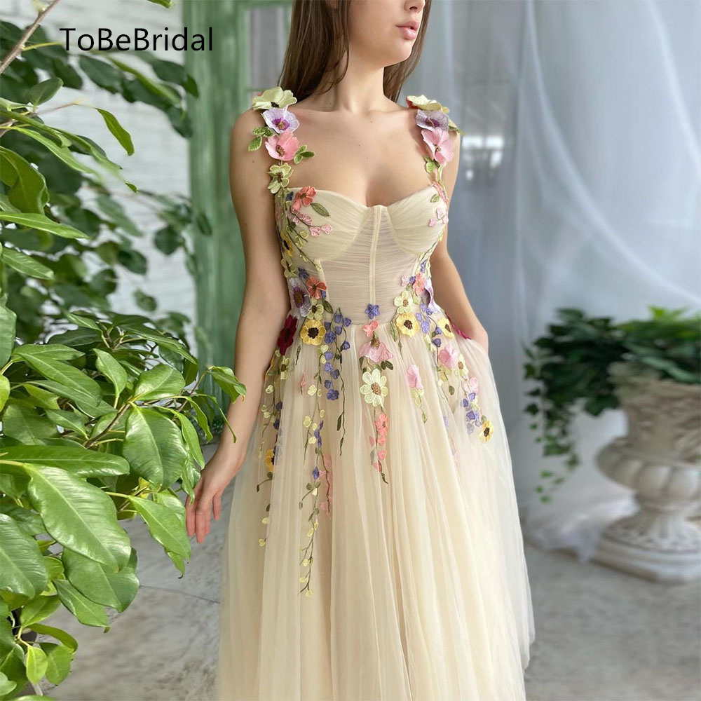 ToBeBridal Exquisite 3D Flowers Prom Dresses Sweetheart Floral StrapsTea Length Evening Gowns Formal Party Dress With Pockets alx