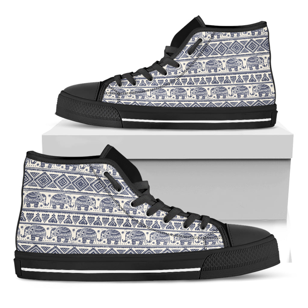 African Tribal Elephant Pattern Print Black High Top Shoes