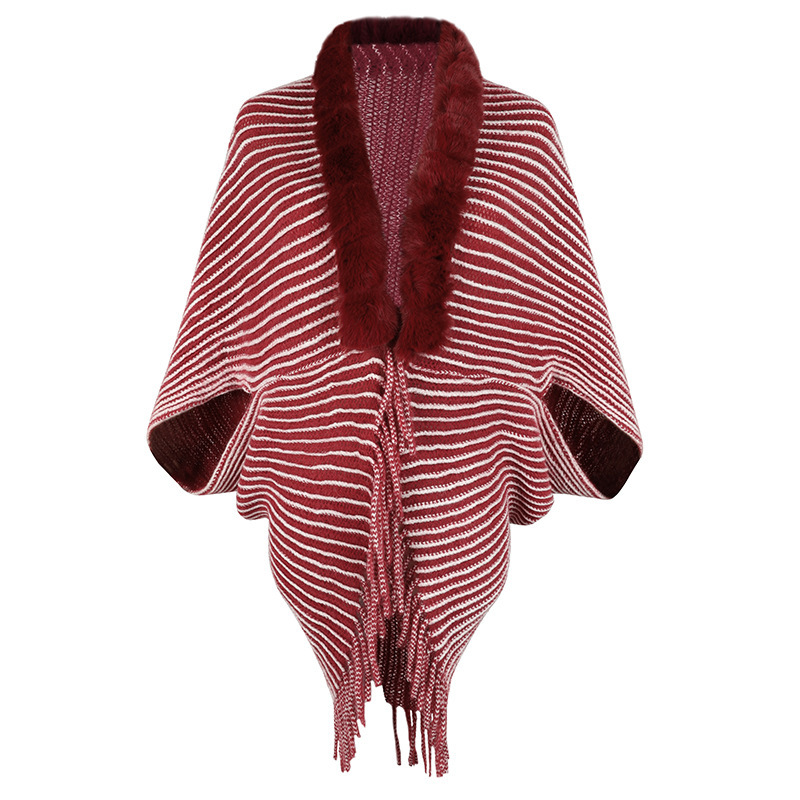 Autumn Winter Striped Knitted Cardigans Poncho Women 2022 Vintage Tassel Fur Collar Cloak Half Sleeve Sweater Shawl Cape Coat alx