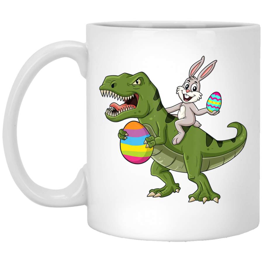 Rabbit Riding T Rex Easter Egg Boys Girls Kids 11oz 15oz White Mug Happy Easter Day Funny Colors Eggs Bunny Ears Peeps Cute