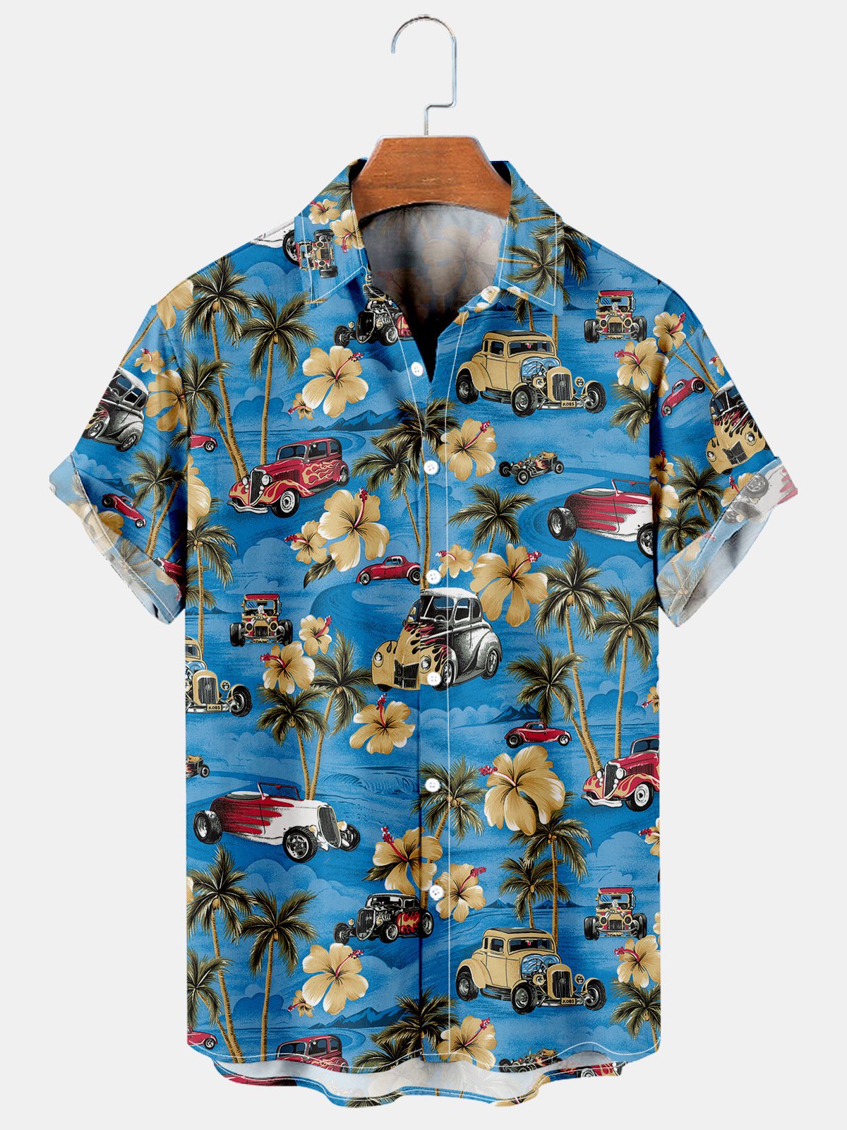 Mens Coconut Tree Racing Print Hawaii Casual Breathable Short Sleeve Shirt Ha108072