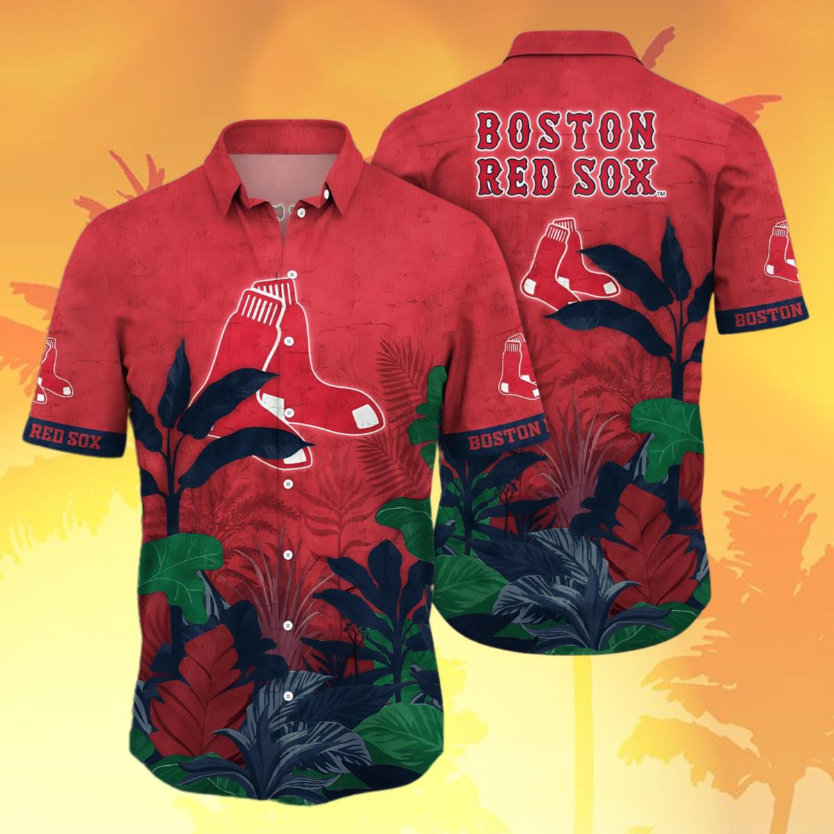 Women Boston Red Sox Hawaiian Shirt Flower Tropical Trees Pattern