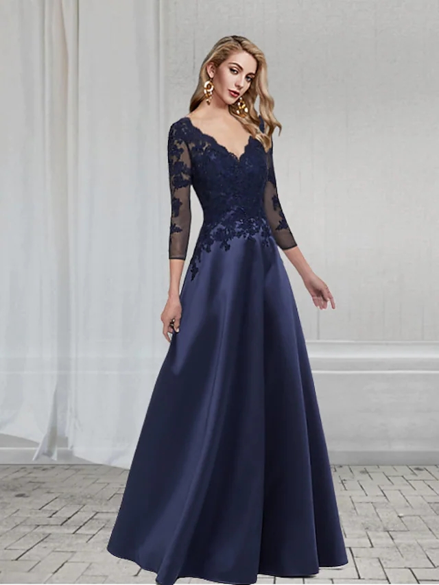 2022 A-Line Elegant Wedding Guest Formal Evening Dress V Neck 3/4 Sleeve Floor Length Satin With Appliques Vestidos De Novia alx