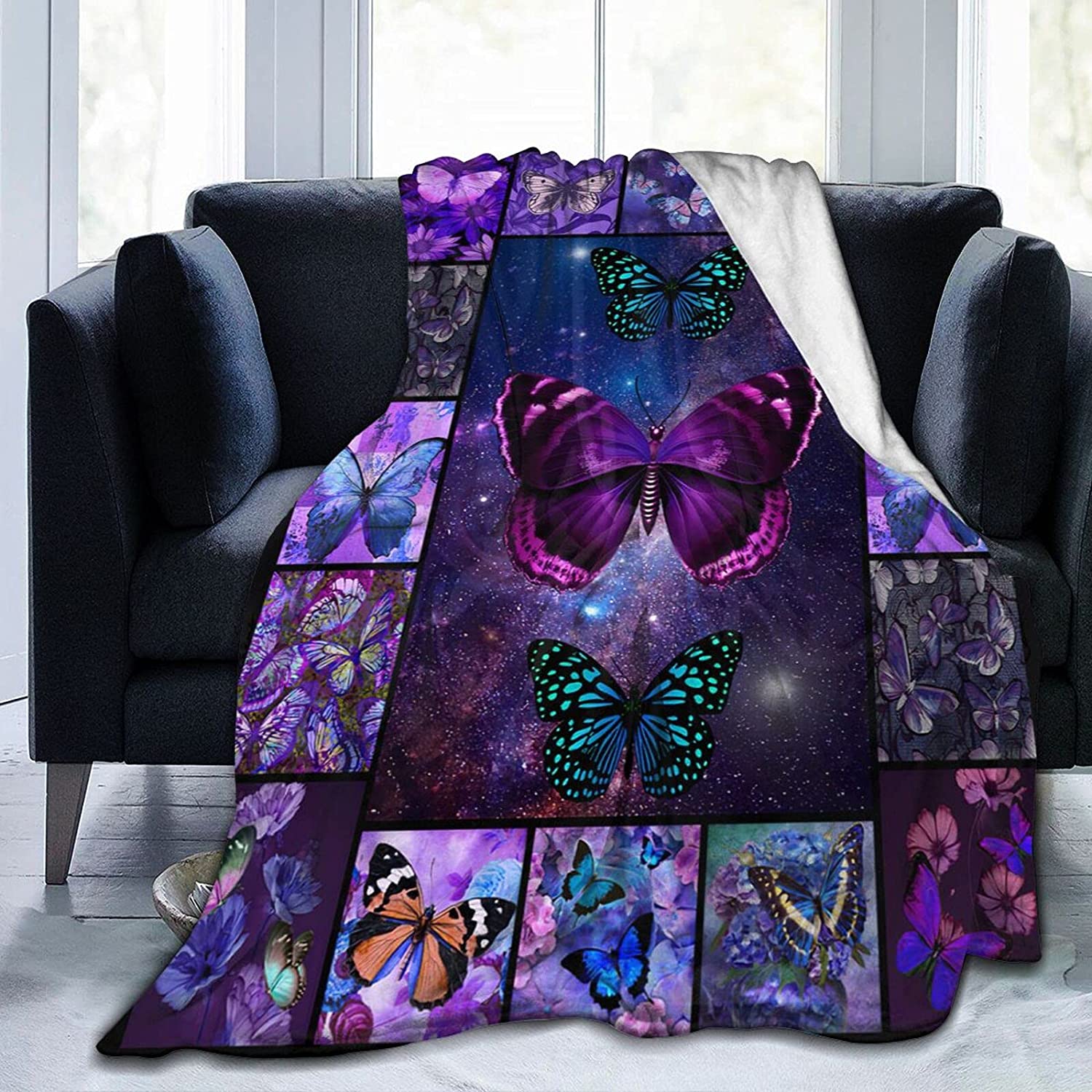 Butterfly Throw Blanket Butterfly Blanket Colorful Butterflies Printed Soft Sherpa Fleece Blanket Teens Adults Blanket For Bedroom Couch , 60″X50″