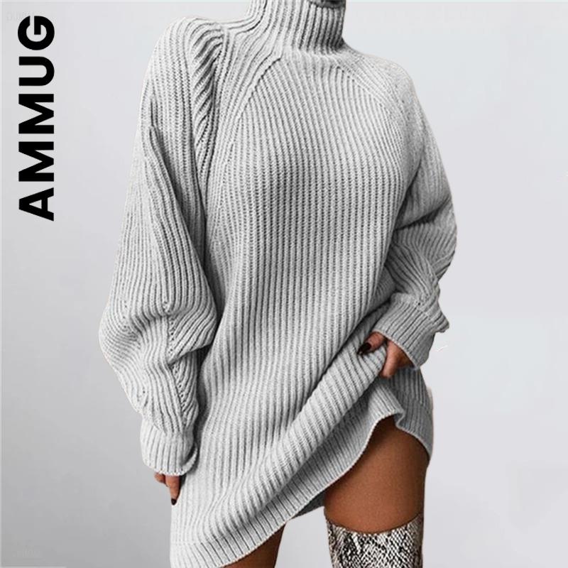 Autumn and Winter New Women’s Knitwear Pullover Mid-length Raglan Sleeves Half Turtleneck Sweater Dress Loose and Soft alx