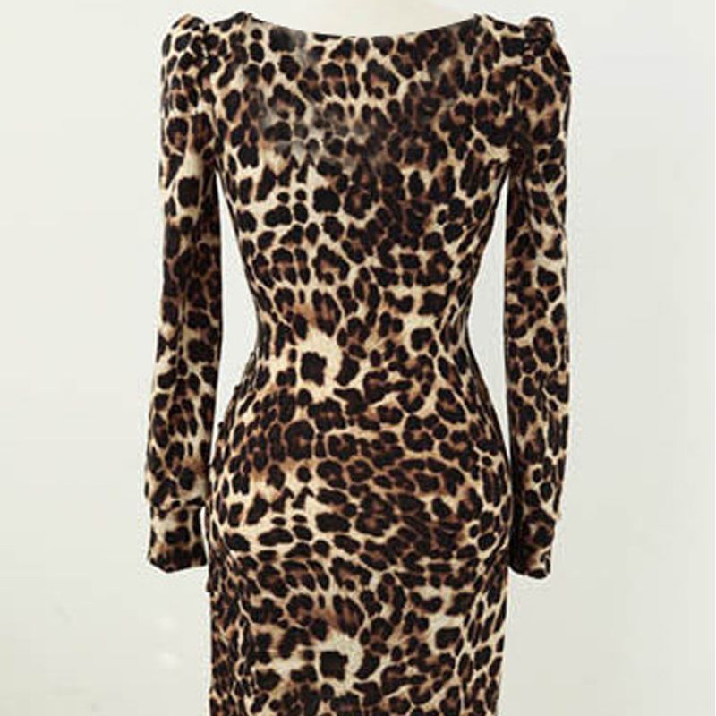 Sexy Leopard Print Long Sleeve V-neck Mini Club Dresses