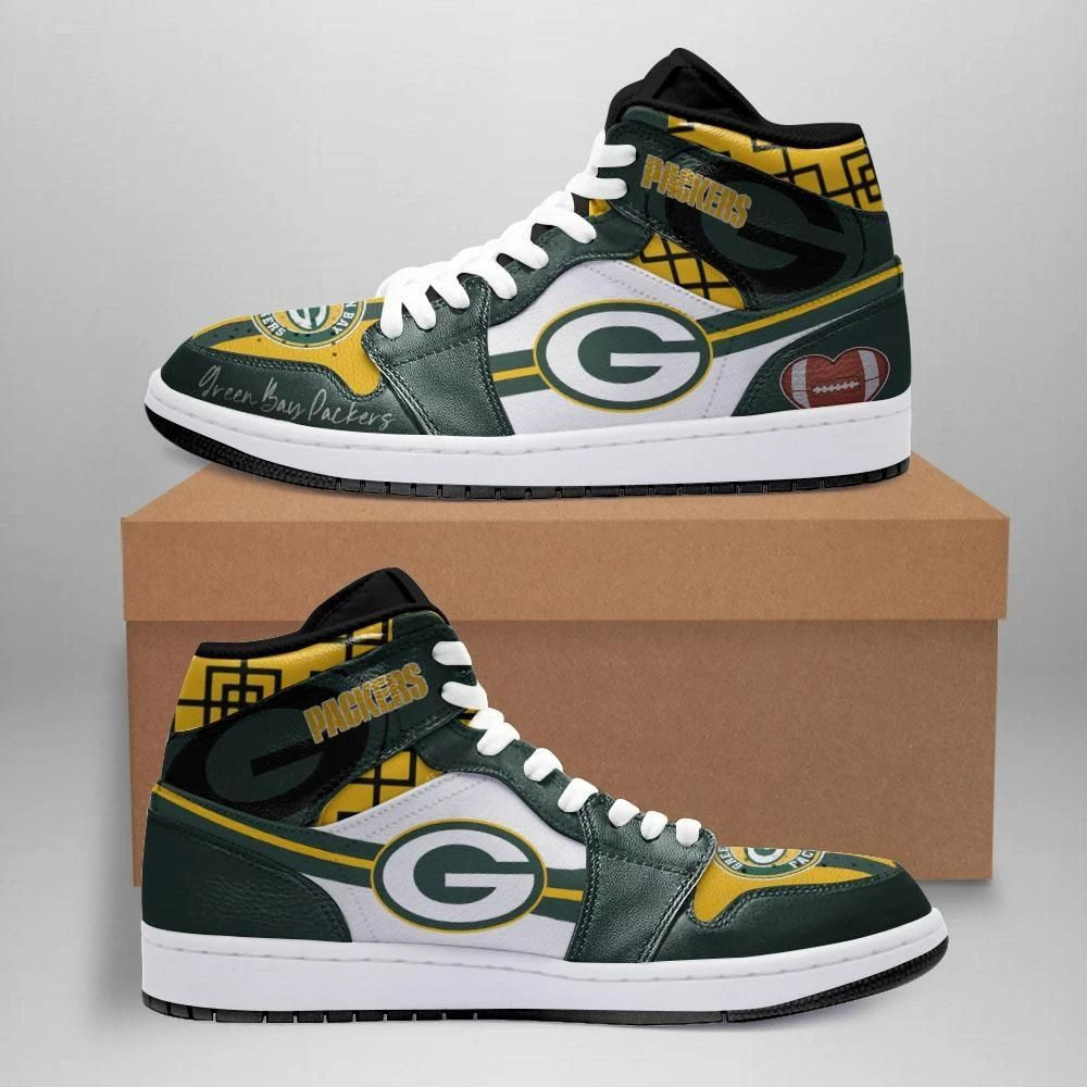 Green Yellow White Mixed Green Bay Packers Design Air Jordan 1 Mid Printing Shoes Sneaker