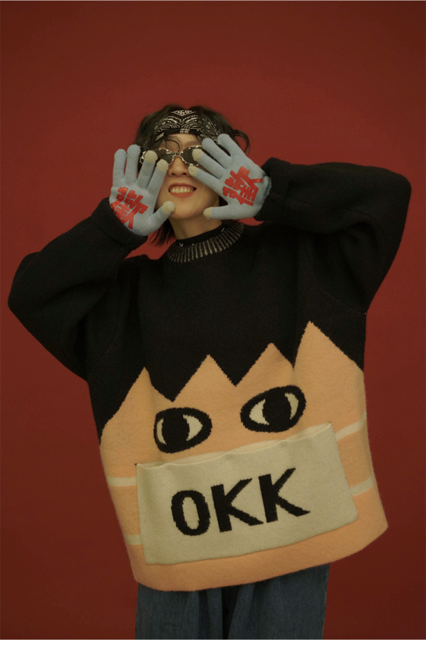 Y2K Harajuku weird pocket cartoon warm thick sweater female ins Japanese retro loose round neck pullover sweater couple jacket alx