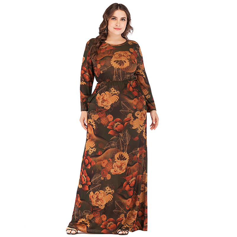 6XL Plus Size Retro Vintage Dress Women Autumn Winter Long Sleeve Floral Printing Maxi Long Dresses Ladies Muslim Abaya Dress alx