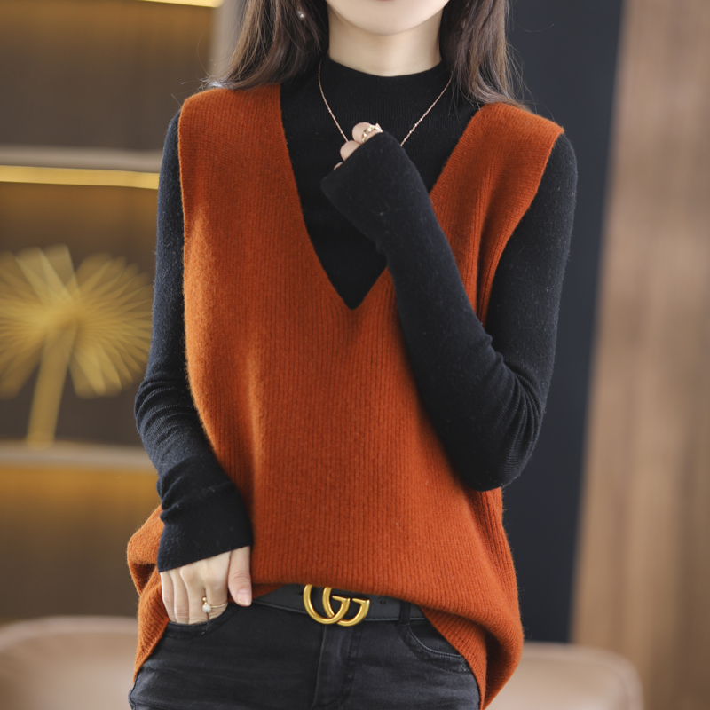 Women’s 100% Wool Fashion Sweater Vest Spring and Autumn New Sleeveless V-Neck Solid Color Casual Loose Knitted Korean Pullover alx