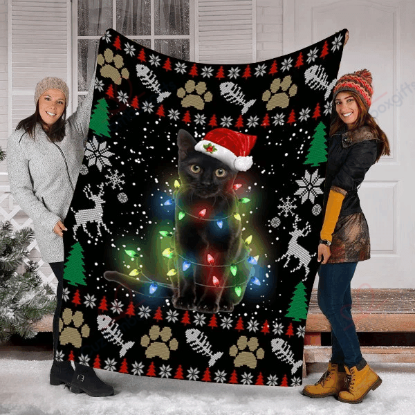 Black Cat Kitten Ugly Christmas AM2810572CL Fleece Blanket