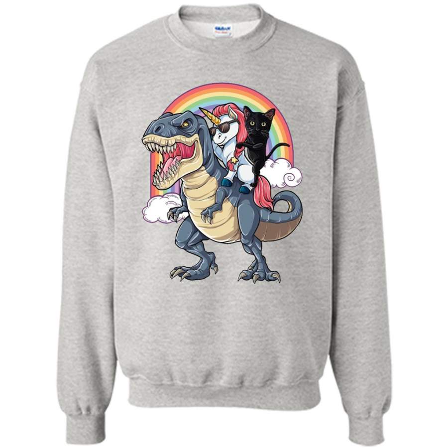 Unicorn and Black Cat Riding Dinosaur Rainbow – Gildan Crewneck Sweatshirt