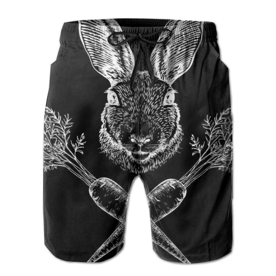 2 Pack Easter Bunny Carrot Crossbones Poster Men Swim Trunks Drawstring Elastic Waist Quick Dry Beach Shorts with Mesh Lining Swimwear Bathing Suits