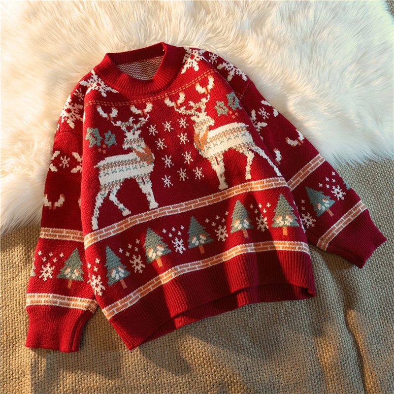 Women Clothes Cute Embroidered Knitting O-neck Long Sleeve Pullovers Winter Christmas Cartoon Pattern Loose Sweater Christmas alx