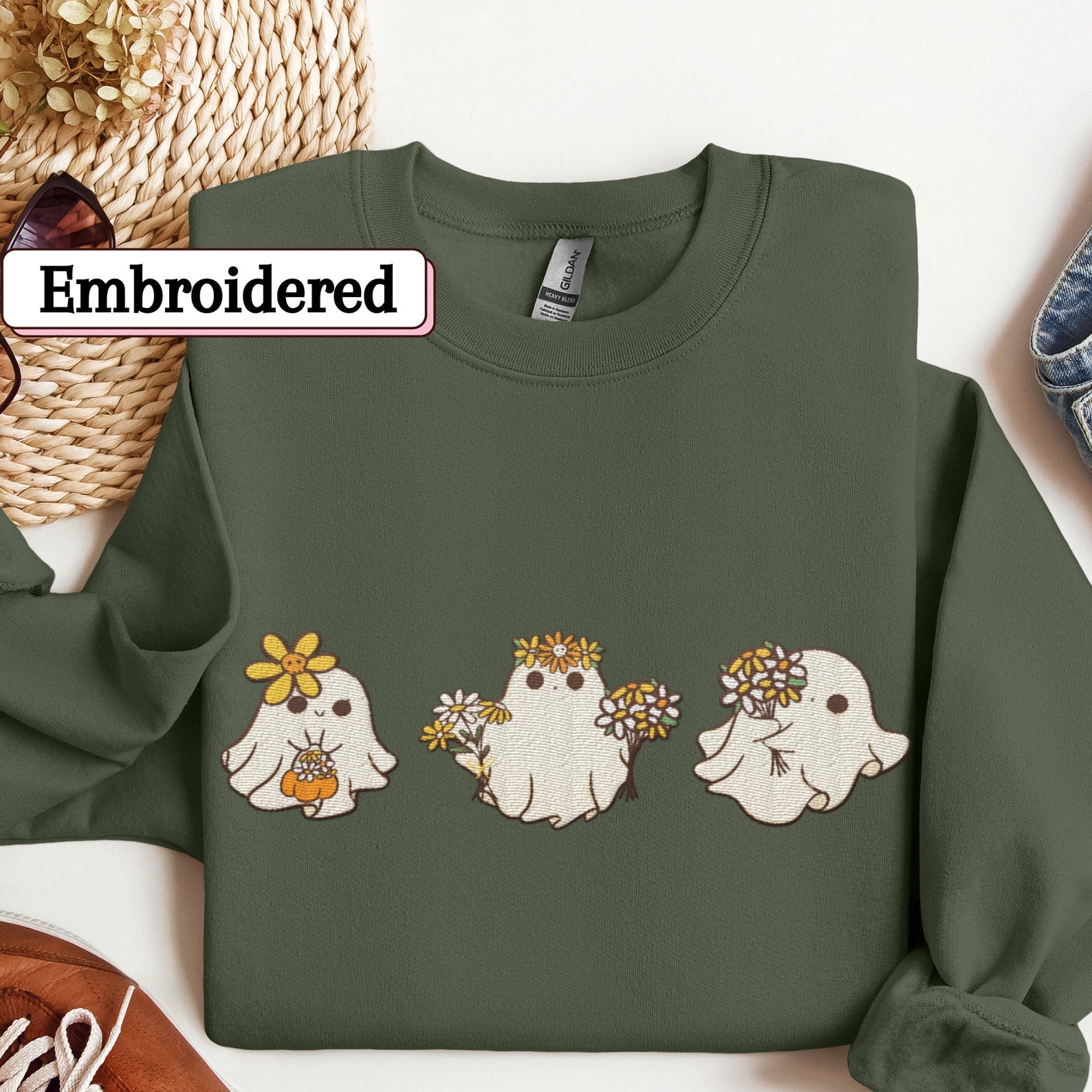 Cute Ghost Embroidered Sweatshirt 2D Crewneck Sweatshirt All Over Print Sweatshirt For Women Sweatshirt For Men Sws5207