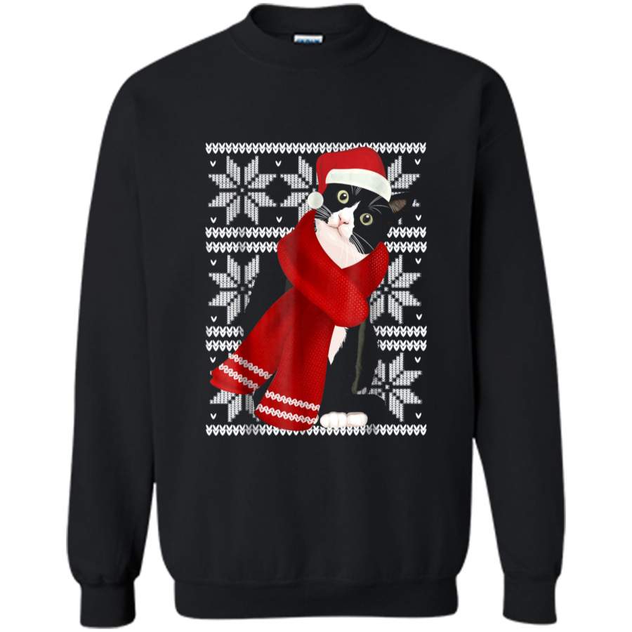 Ugly Christmas Black Cat Santa Hat Scarf X-MAS Gift Printed Crewneck Pullover Sweatshirt