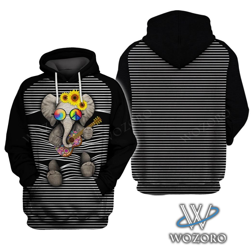 Striped Elephant Guitar Hippie Nice 3D Printed Sublimation Hoodie Hooded Sweatshirt Comfy Soft And Warm For Men Women S To 5Xl Ctc25039094