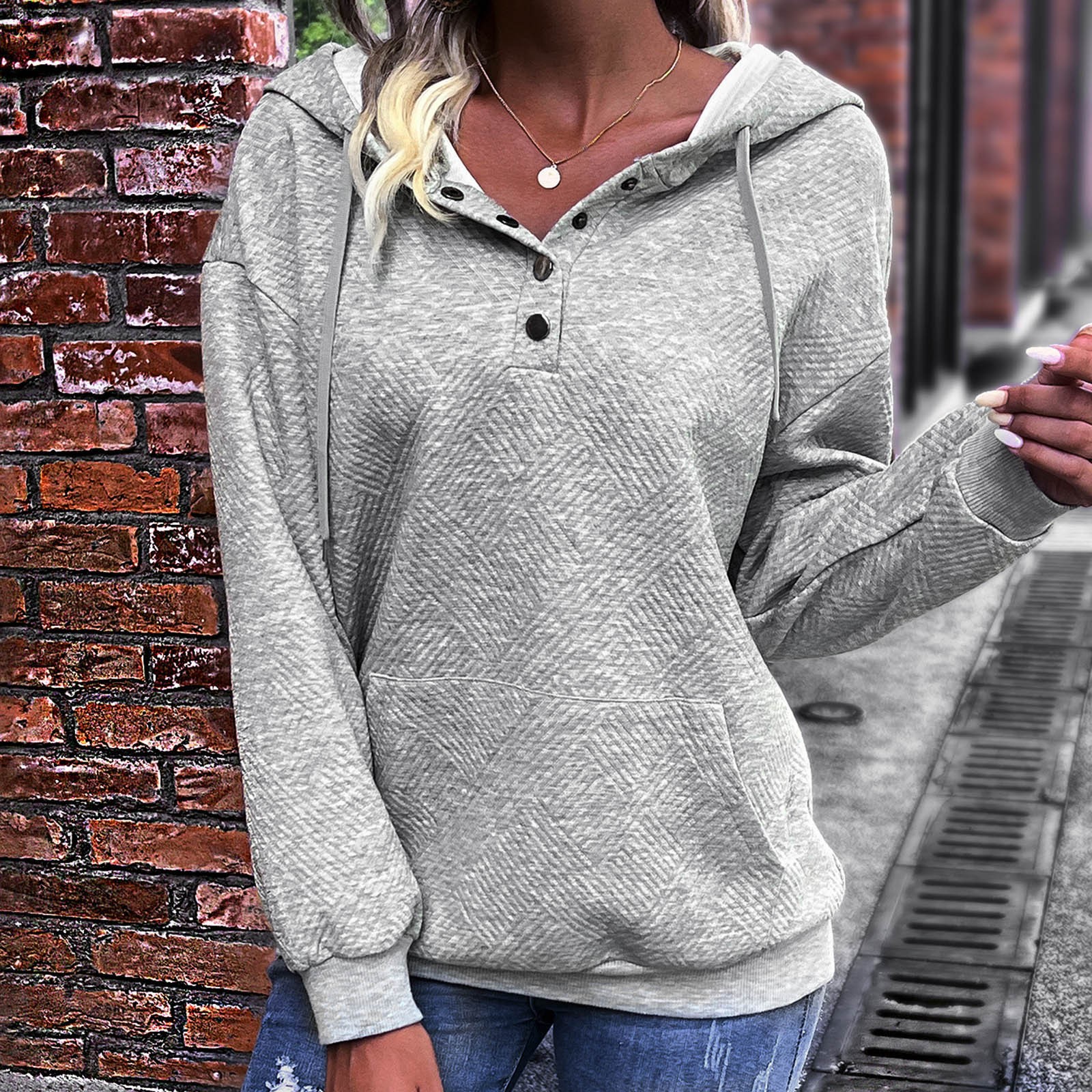 Women’s Casual Solid Color Long Sleeved Hooded Sweater Bear Shirts Women Cute Quarter Zip Pullover Women alx