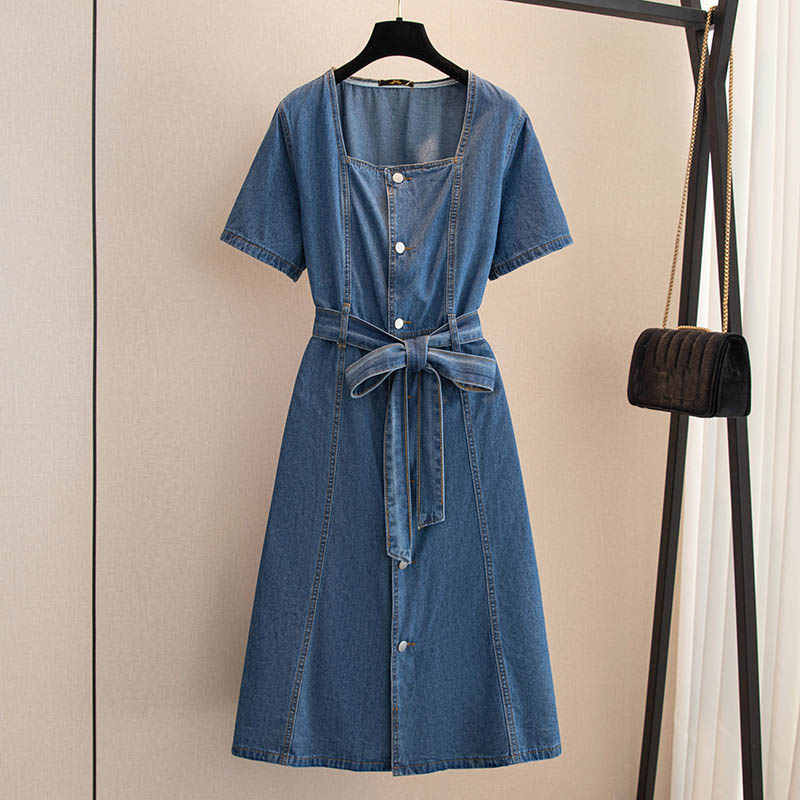 150Kg Plus Size Women’s Bust 154 Summer Loose Square Collar Slim Waist Short-Sleeved Denim Dress Blue 5XL 6XL 7XL 8XL 9XL alx