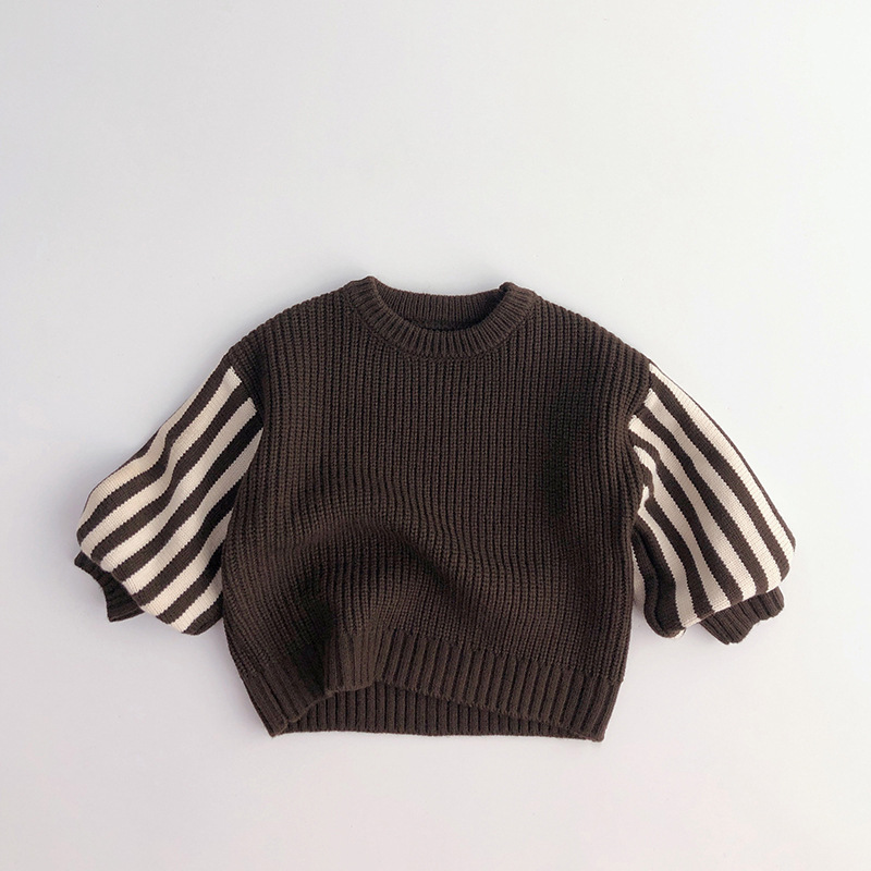 3471C Children Sweater Knitted Pullover 2022 Autumn and Winter Round Neck Striped Boy’s Sweater Cuff Head Retro Knitted Pullover alx