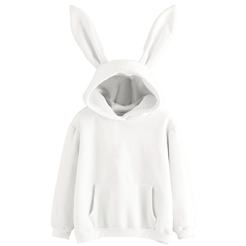 2021 New Style Women Hooded Sweater Ladies Solid Color Bunny Ear Long Sleeve Pullover with Pocket Drawstring alx