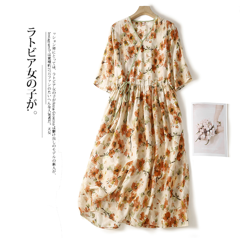 2022 New Arrival Thin Light Cotton Linen Loose Cozy Women Casual Summer Dress Print Floral Draw String Office Lady Work Dress alx