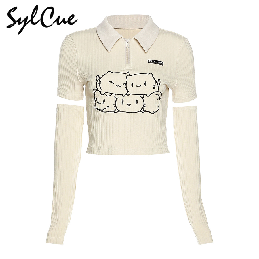 Sylcue Cartoon Cute And Playful Lively Youth Innocence All-Match Commuter Street Lapel Detachable Long-Sleeved Women’s Short Top alx