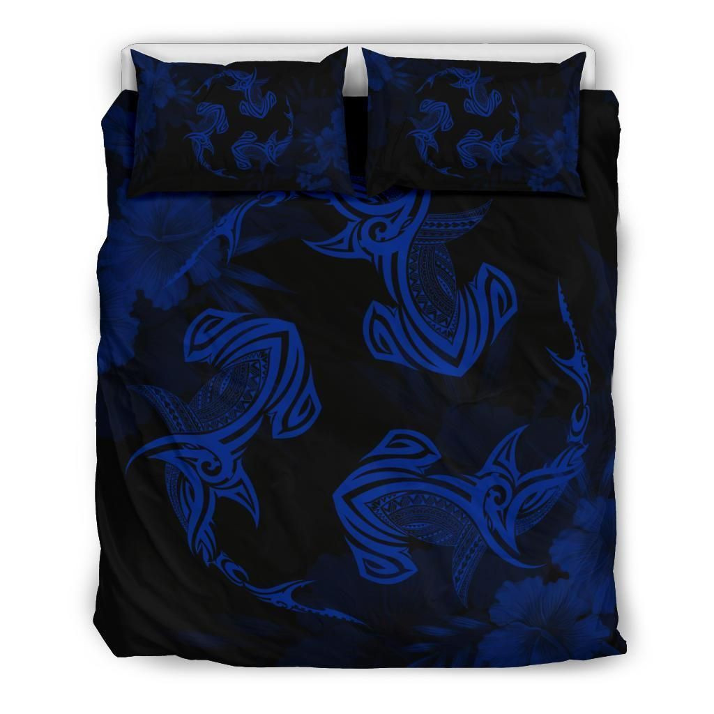 Alohawaii Bedding Set – Cover And Pillow Cases Hawaiian Hammerhead Shark Hibiscus Blue Polynesian – Ah – J4