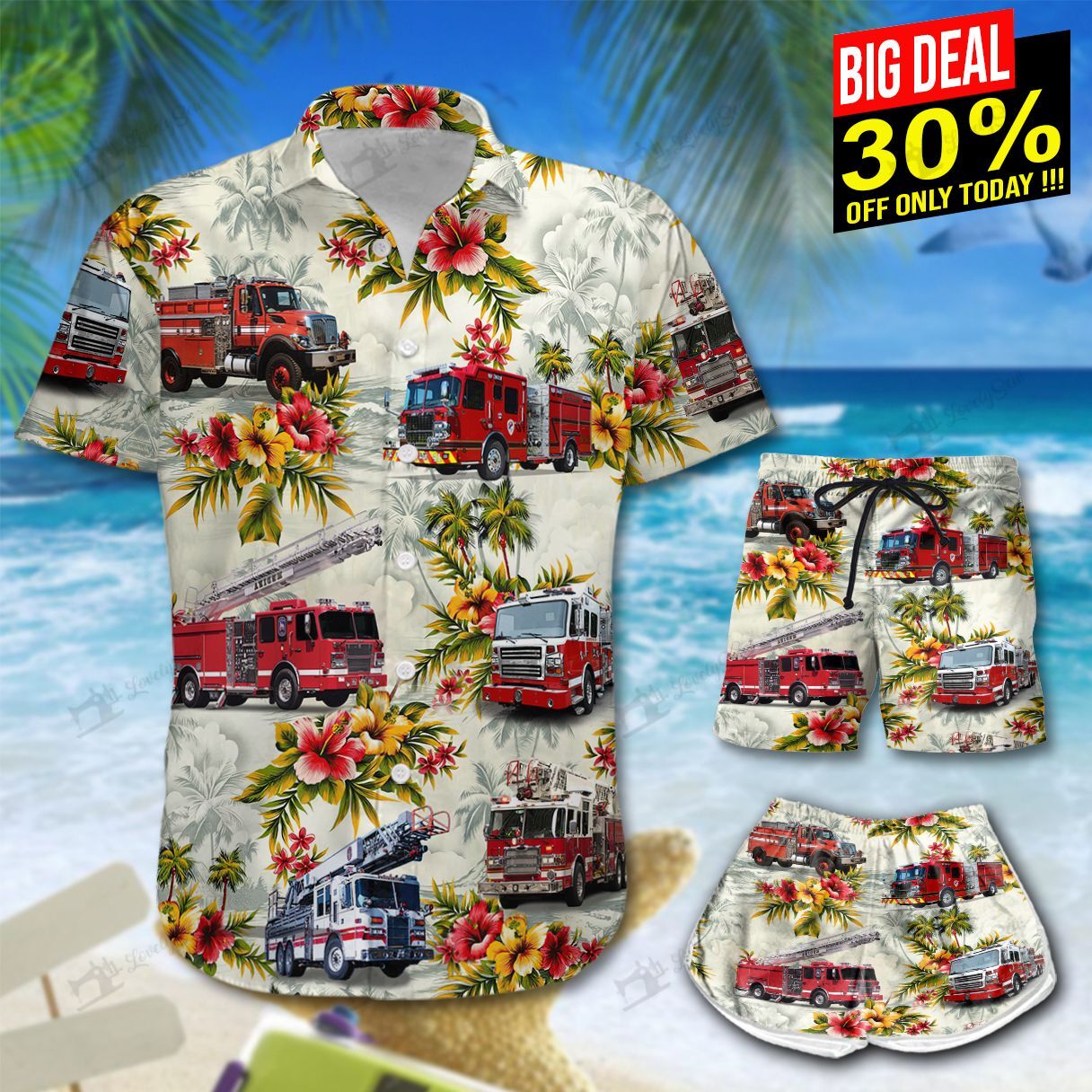 Fire Truck Flowers Hawaiian Shirt Shorts Ha80663