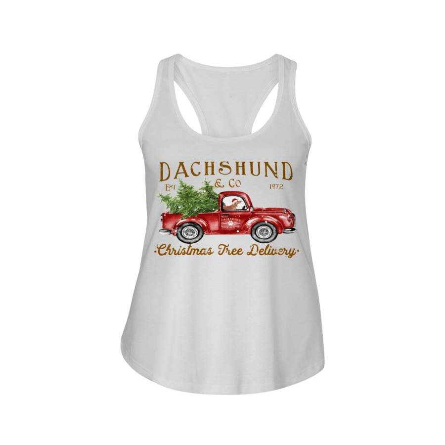 Wiener Puppy Drives Red Christmas Red Truck Ladies Flowy Tank