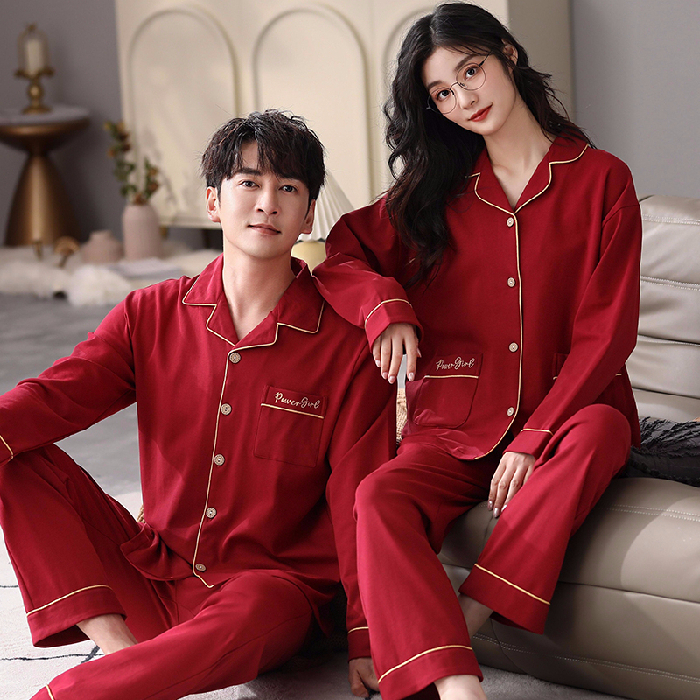 Unisex Cotton Sleepwear Set Women Men Autumn Winter Loose Couples Pajamas Set Lovers Wedding Festive Red Pijamas Home Clothes alx