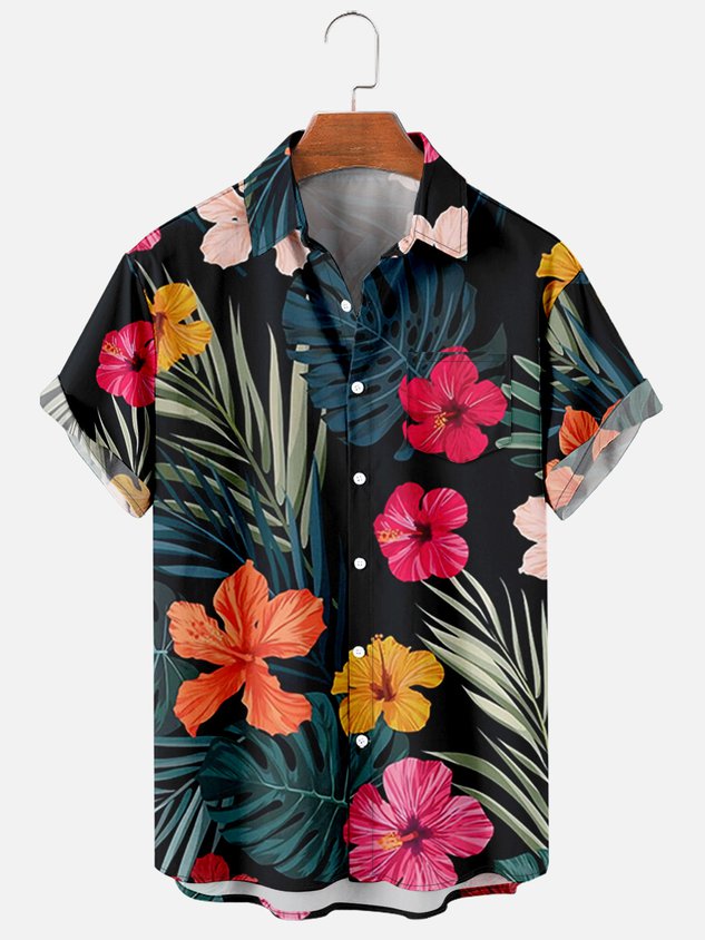 Mens Tropical Floral Print Casual Breathable Chest Pocket Short Sleeve Hawaii Shirts Ha7990