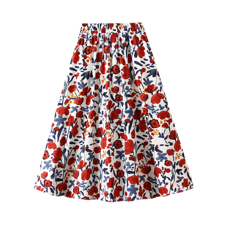 Summer Women Floral Pleated Skirt High Waist Cotton Blend A-line Midi Skirts Elegant Casual Vacation Female Faldas Largas 2022 alx