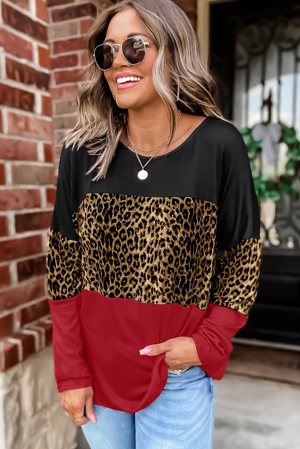 Azura Exchange Burgundy Colorblock Leopard Patchwork Long Sleeve Top