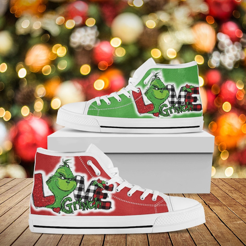 Peace Love Grinch Custom Hi Tops, Merry Christmas Custom Shoes, Funny Christmas Unisex Hightop, Grinch Christmas Gift Shoes, Canvas Shoes