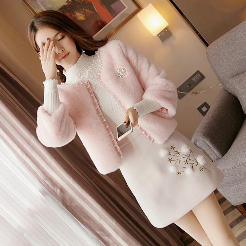 2020 New Fashion Women 2 Piece Sets Faux Fur Short Coat + Knitted Sweater + High Waist Mini Skirt Autumn Winter Female Suit Y99 alx