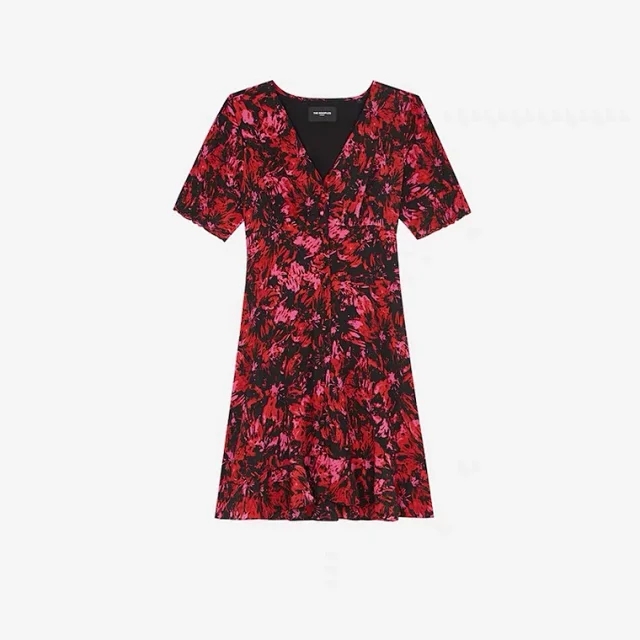 2022 Summer Women Red Single Breasted Robe V-neck Floral Print Elastic Waist Female Short Sleeve Mini Dress alx