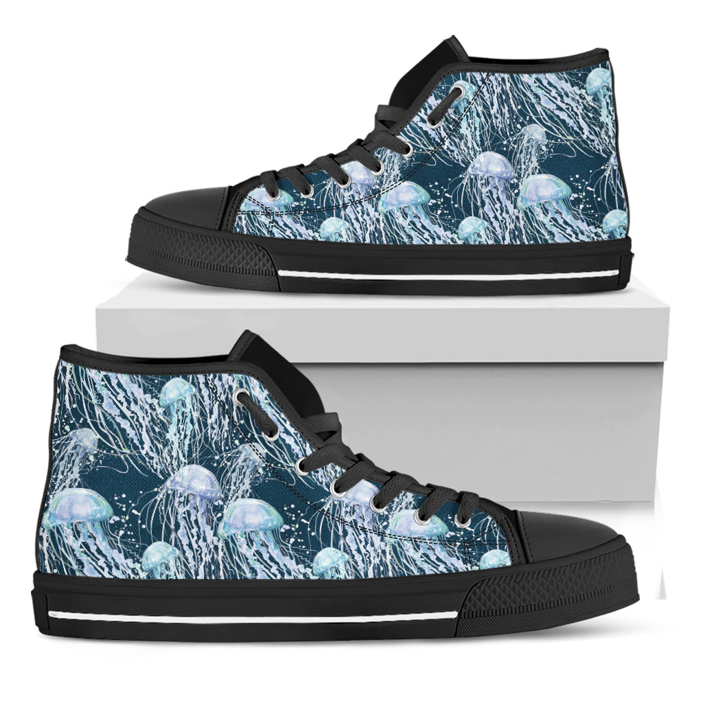 Watercolor Jellyfish Pattern Print Black High Top Shoes