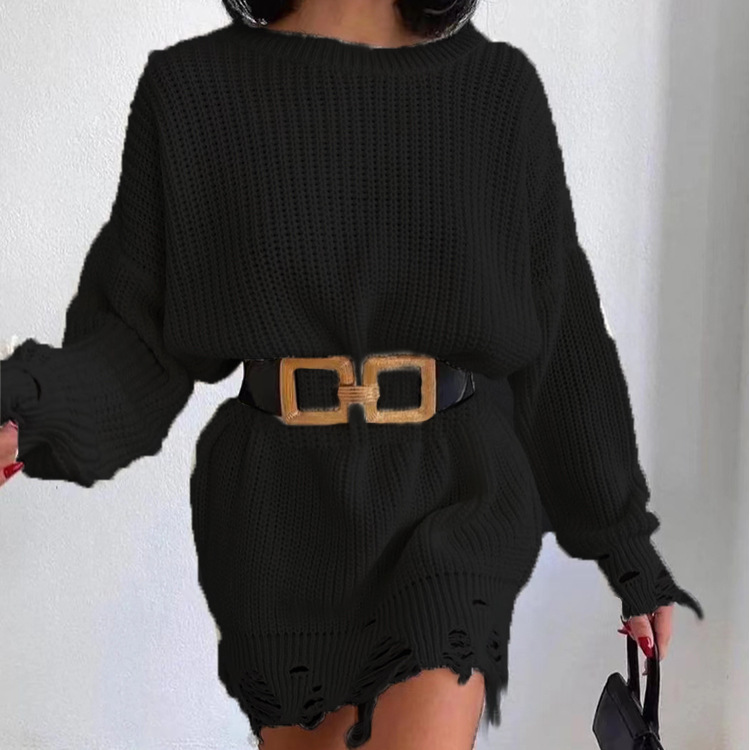 2022 Autumn Winter Fashion O Neck Women’s Knitti Sweater Causal Loose Solid Long Sleeve Hole Lady Sexy Mini Package Hip Sweater alx