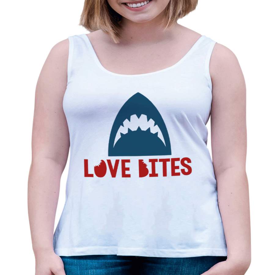 7 ate 9 Apparel Women’s Love Bites Shark Valentine’s Day White Tank Top